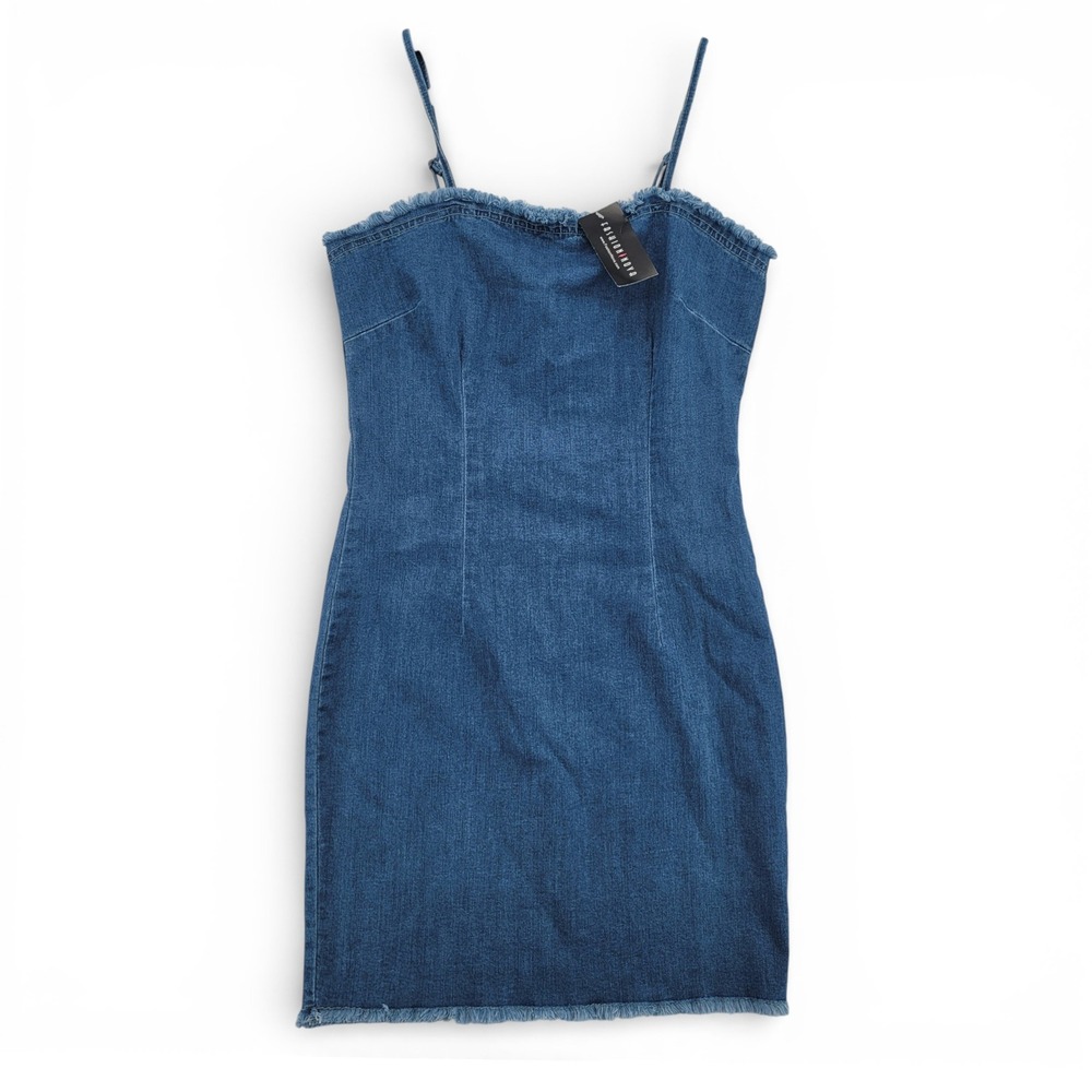 Fashion Nova Womens L Denim Mini Dress Cotton Blue Bodycon Frayed Hem NWT